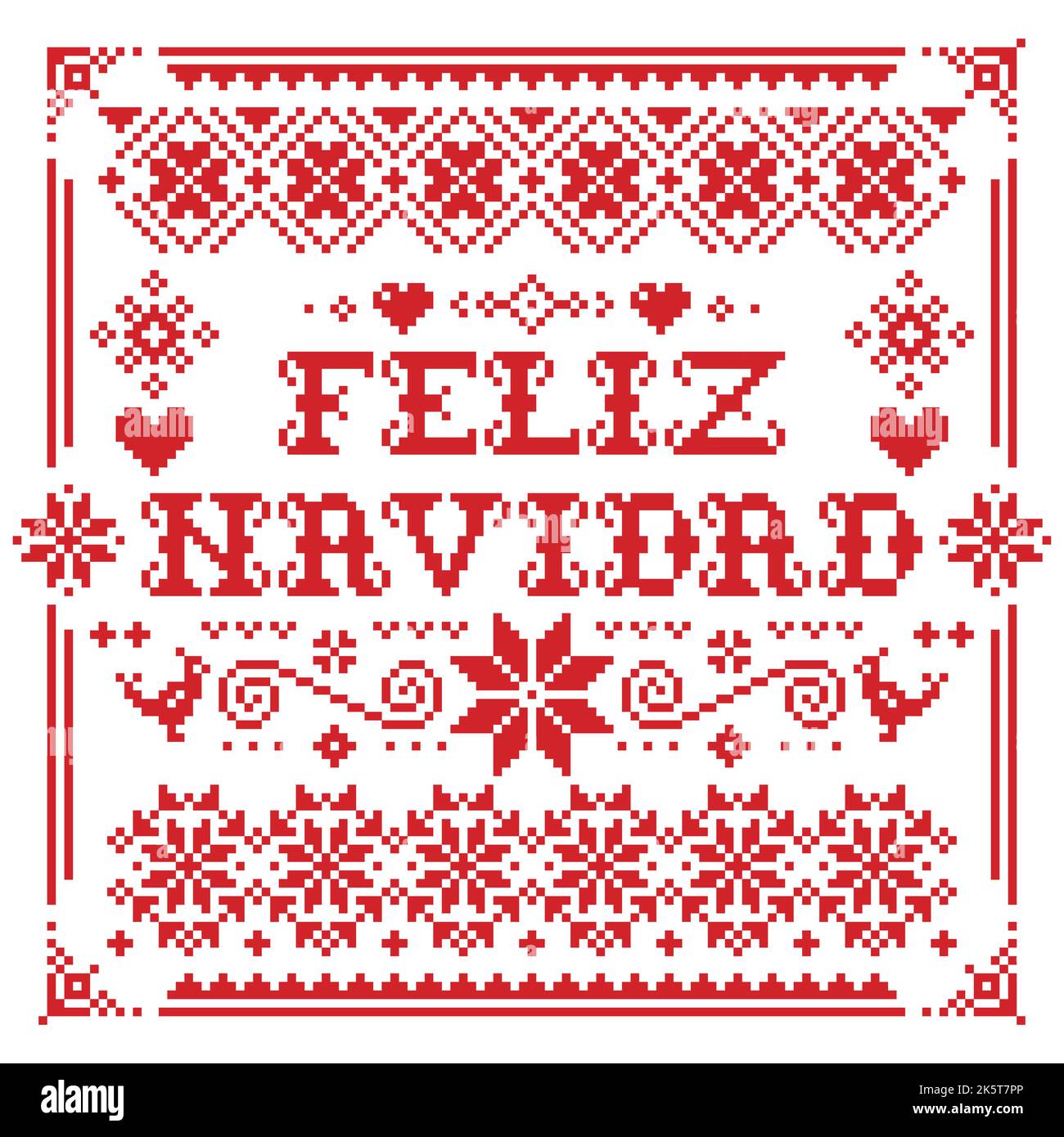Feliz Navidad motivo a forma di biglietto quadrato di auguri in rosso su sfondo bianco - disegno scandinavo a maglia natalizia, a punto croce Illustrazione Vettoriale