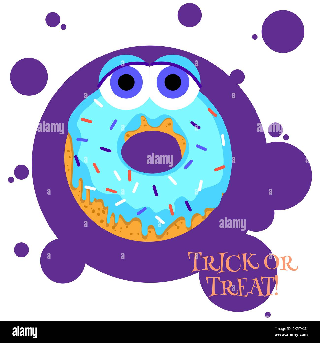 Illustrazione piatta del vettore di carino halloween donut. Ciambella mostro con grandi occhi isolati sullo sfondo. Buon biglietto di auguri di Halloween. Illustrazione Vettoriale