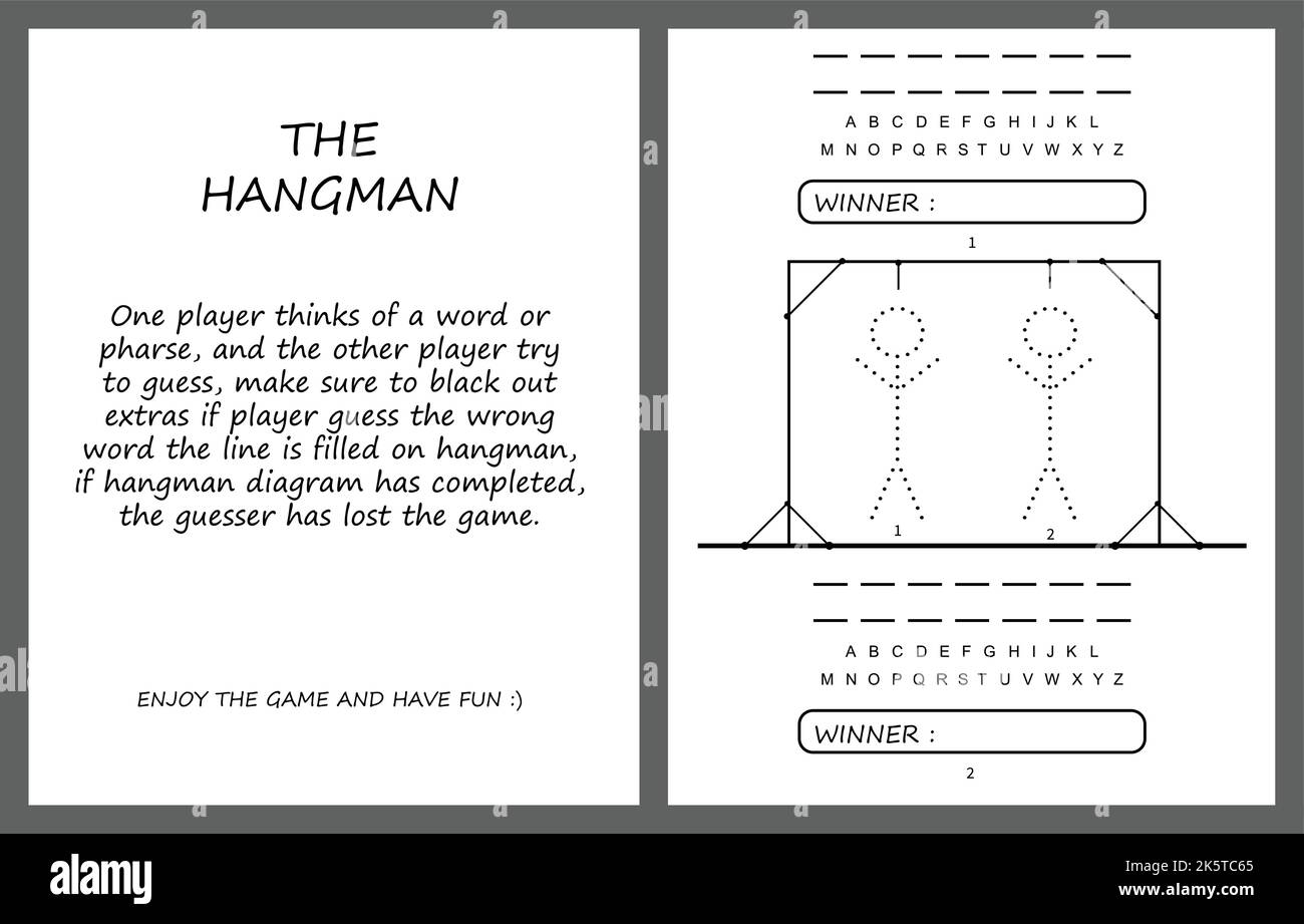 Vettore di pagina di gioco di hangman, pagina di notebook di attività di bambini. Modello di vettore di gioco di carta di bambini eps10. Illustrazione Vettoriale