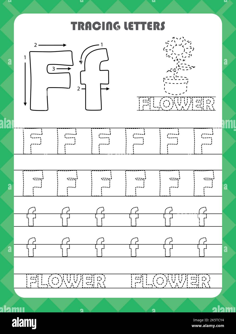 Traccia le lettere dell'alfabeto inglese e riempi i colori maiuscola e minuscola F. pratica di scrittura per i bambini del prescolare foglio di lavoro. Illustrazione Vettoriale