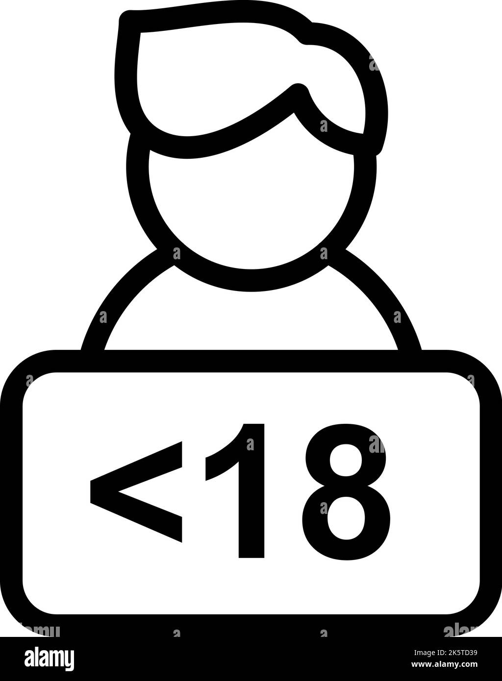 Icona di simbolo isolato nero per le persone sotto i diciotto anni. Contenuto per adulti di età 18 anni vietato per il design dei segni per bambini Illustrazione Vettoriale