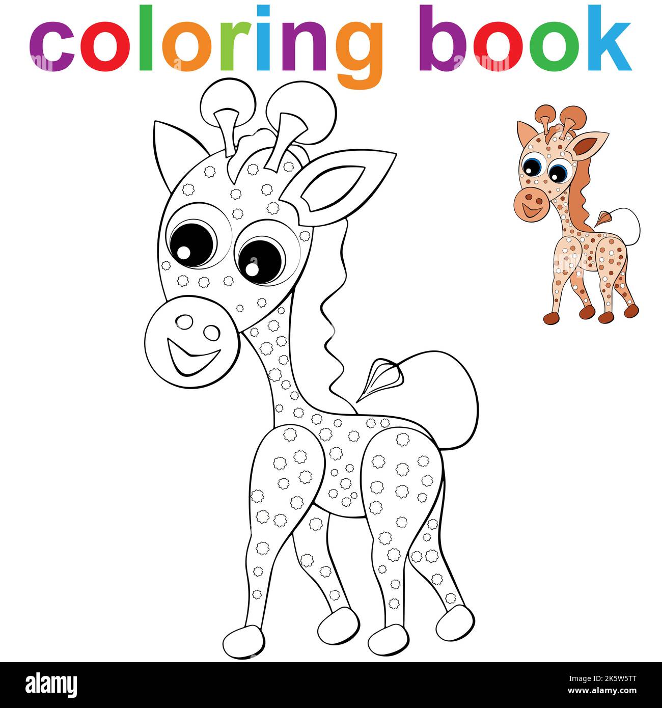 Modello pagina libro da colorare con giraffa, per bambini .Vector Illustration EPS 10. Illustrazione Vettoriale