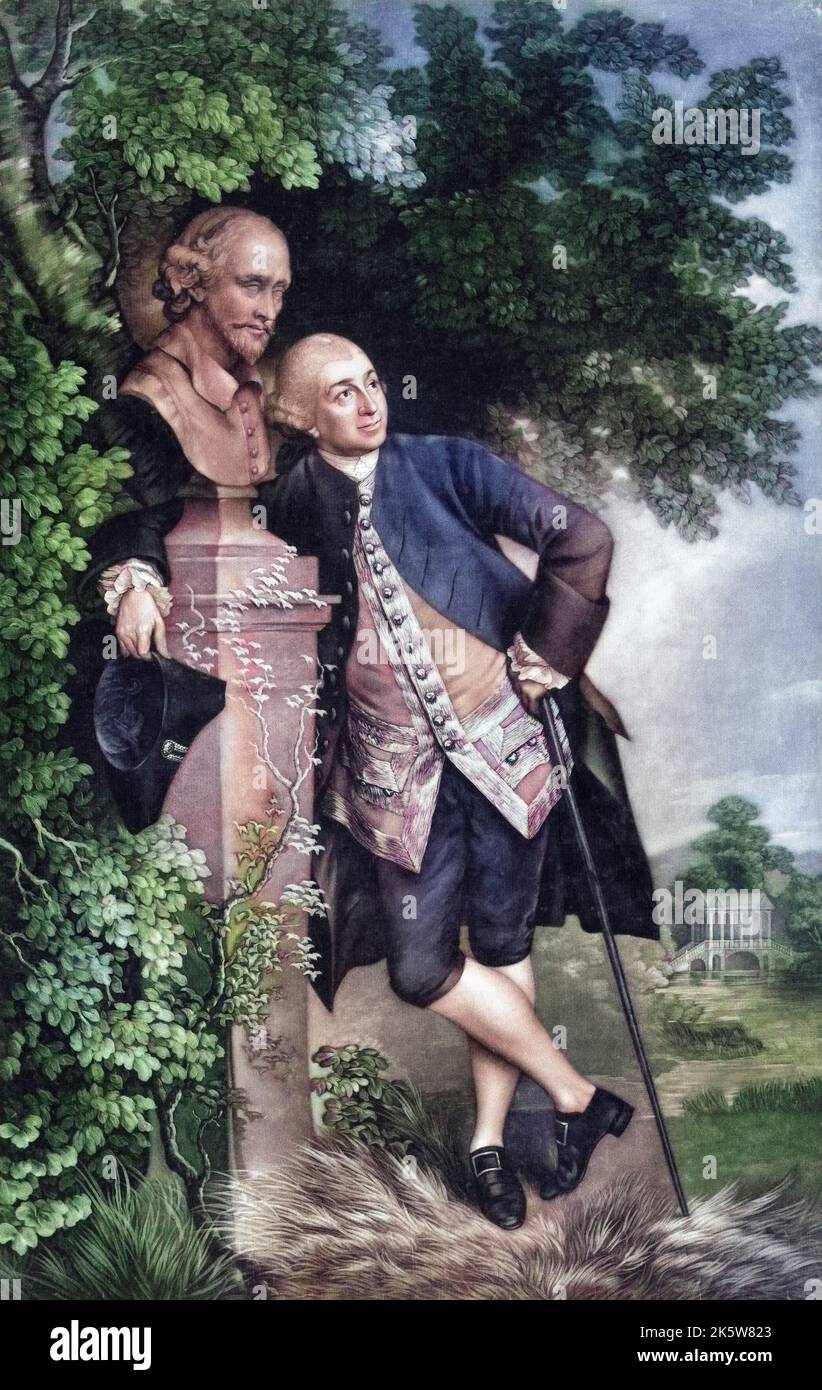 David Garrick, 1717 - 1779. Attore, drammaturgo, direttore teatrale e produttore inglese, in piedi da un busto di William Shakespeare. Da una stampa di Valentine Green dopo il dipinto di Thomas Gainsborough. Successiva colorizzazione. Foto Stock