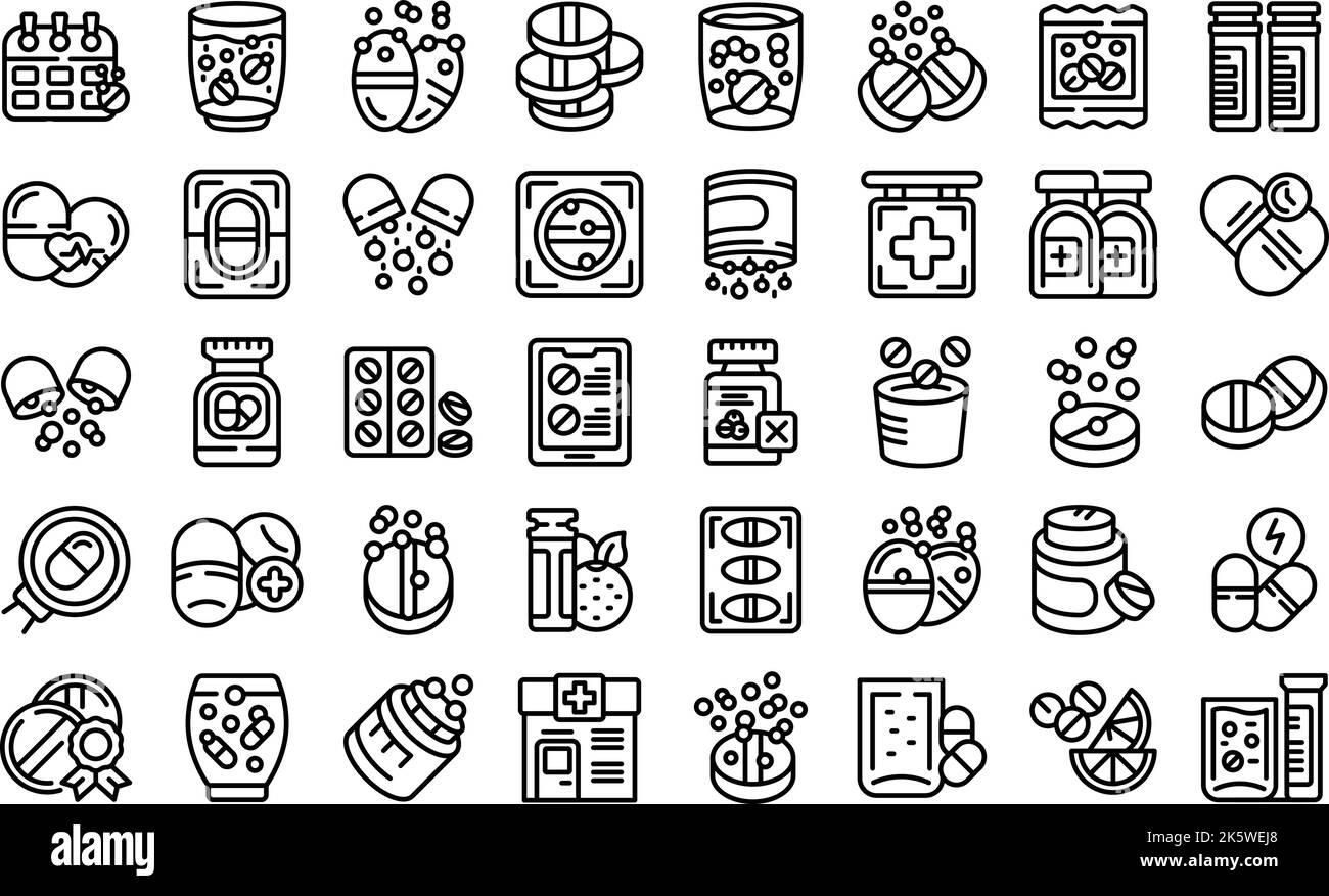 Le icone delle compresse effervescenti definiscono il vettore di contorno. Pillola di acqua. Tazza di droga Illustrazione Vettoriale