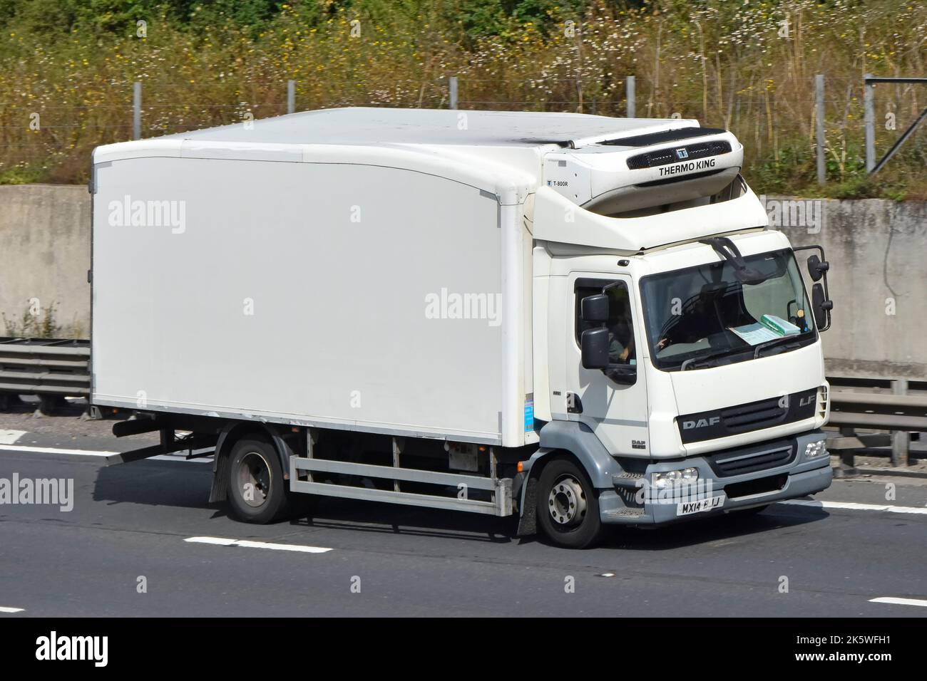 Autocarro bianco con cassone rigido DAF LF fabbricato in Gran Bretagna da Leyland Trucks, vista anteriore e laterale e radiatore Thermo King montato, che guida lungo la strada autostradale del Regno Unito Foto Stock