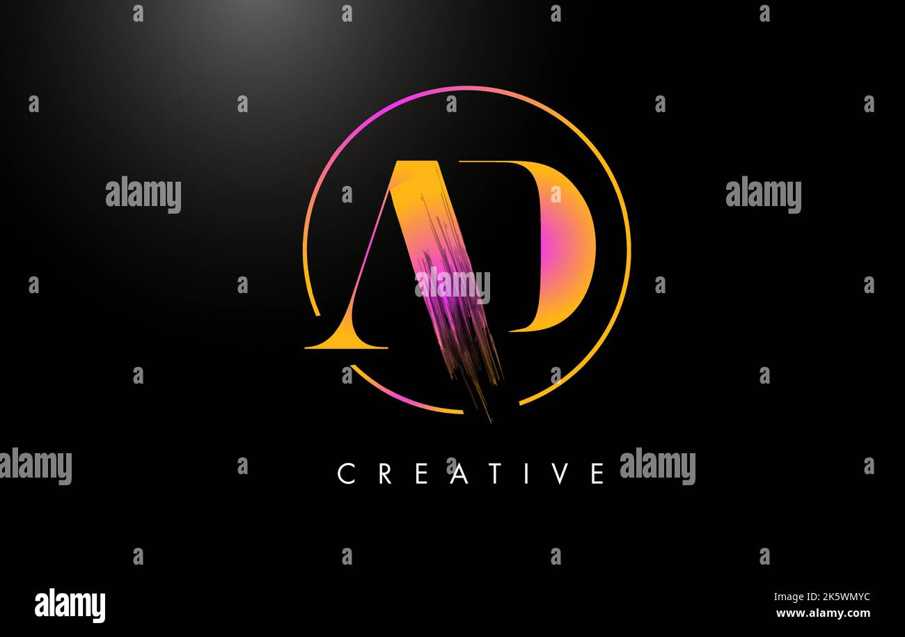 Logo lettera tratto AD Brush. Icona a leters con logo di vernice viola arancione con elegante design circolare vettoriale. Illustrazione Vettoriale