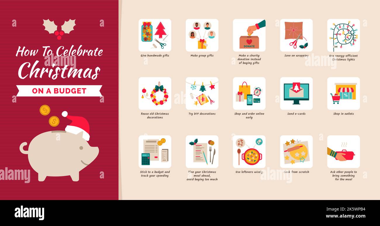 Come celebrare il Natale su un preventivo: Risparmi i soldi sui regali, sugli acquisti di Natale, sulle decorazioni e sulla cena di Natale Illustrazione Vettoriale