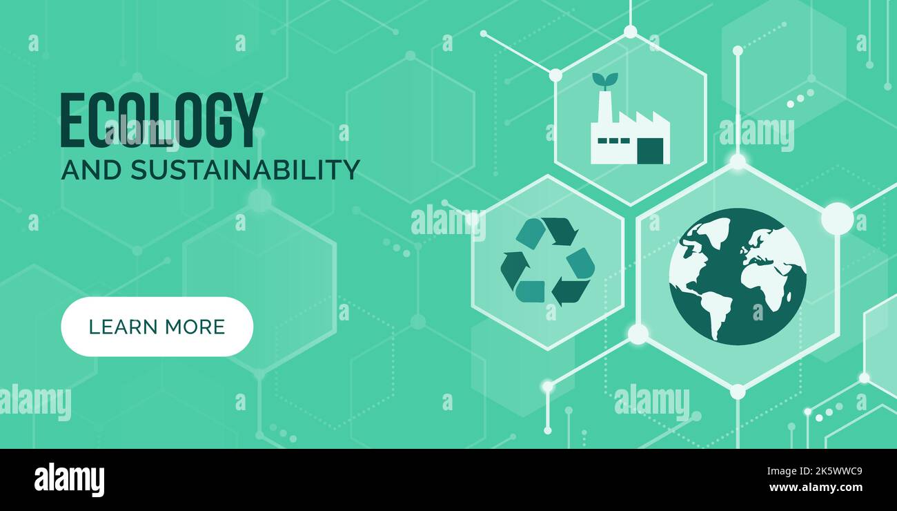 Ecologia e sostenibilità, banner concettuale astratto con icone e spazio copia Illustrazione Vettoriale