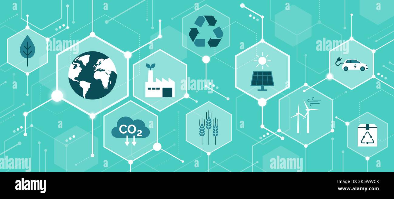 Ecologia, sostenibilità e tutela dell'ambiente, background concettuale astratto con icone in una rete Illustrazione Vettoriale