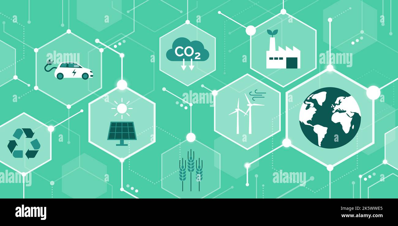 Ecologia, sostenibilità e tutela dell'ambiente, background concettuale astratto con icone in una rete Illustrazione Vettoriale