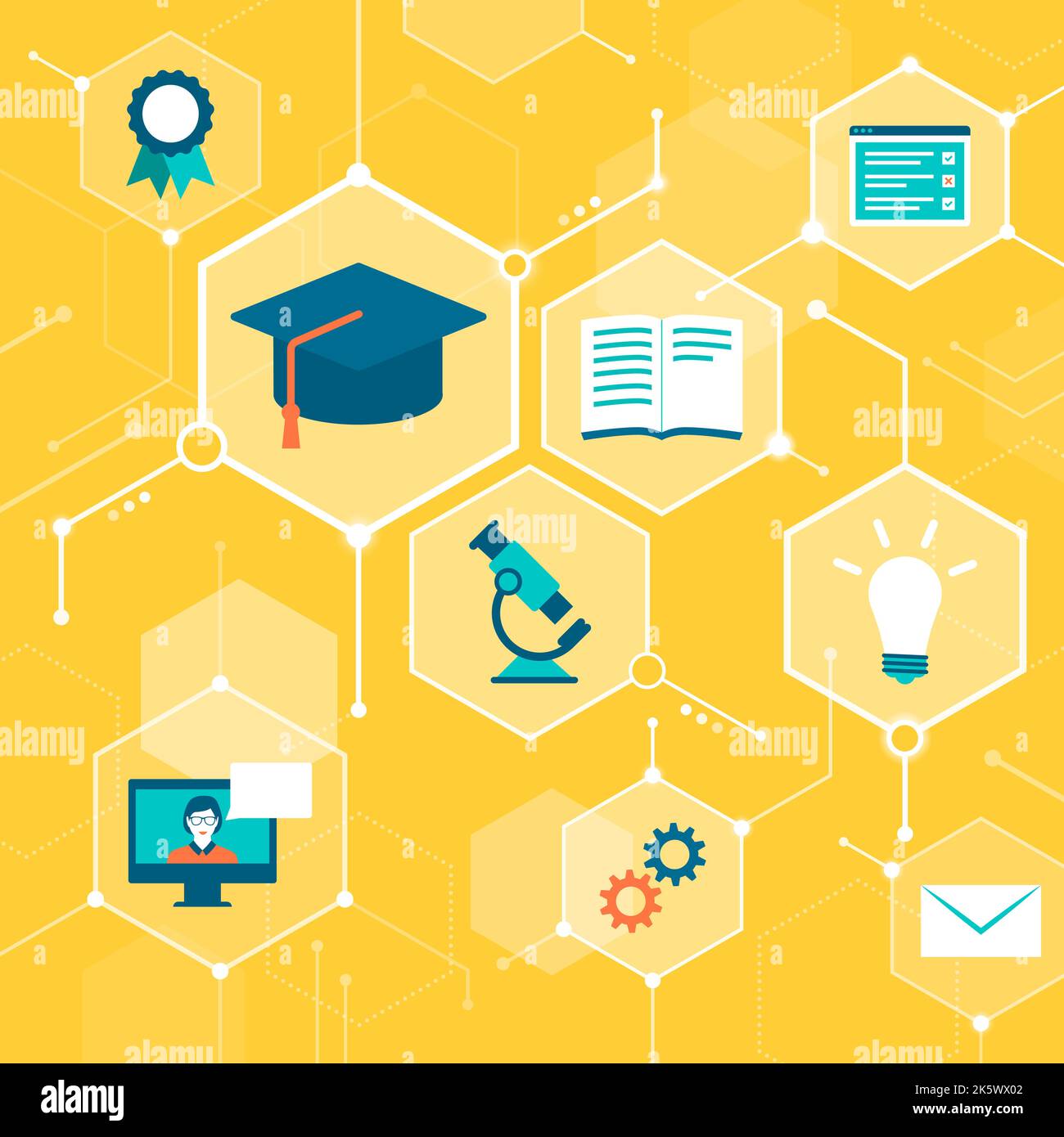 Piattaforma di e-learning, corsi di formazione digitale e online, background astratto con icone in una rete Illustrazione Vettoriale