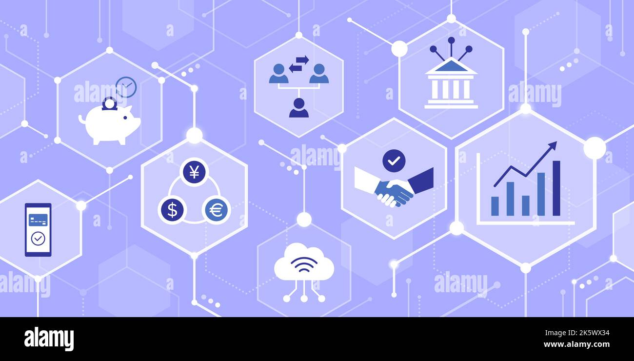Finanza digitale, online banking e business innovativo, sfondo astratto con icone in una rete Illustrazione Vettoriale