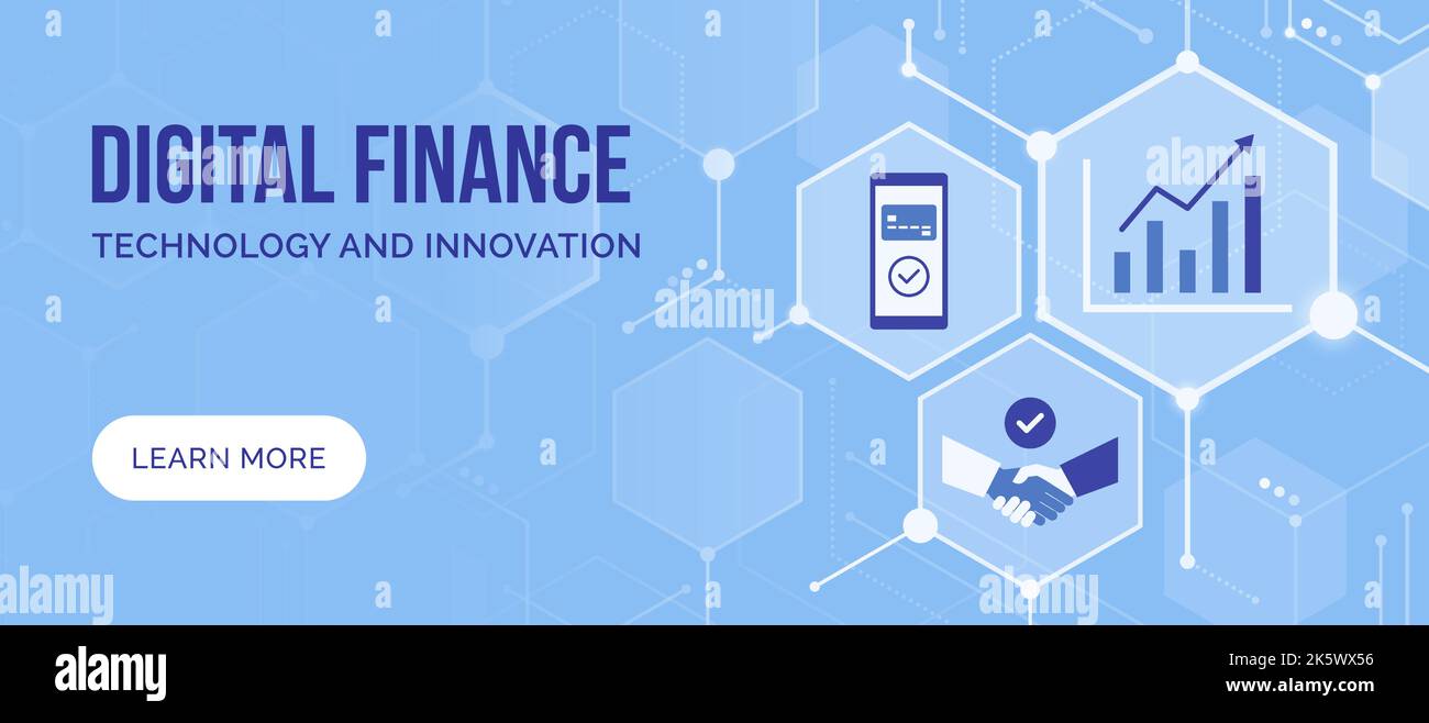 Finanza digitale e online banking, banner astratto con icone e spazio copia Illustrazione Vettoriale