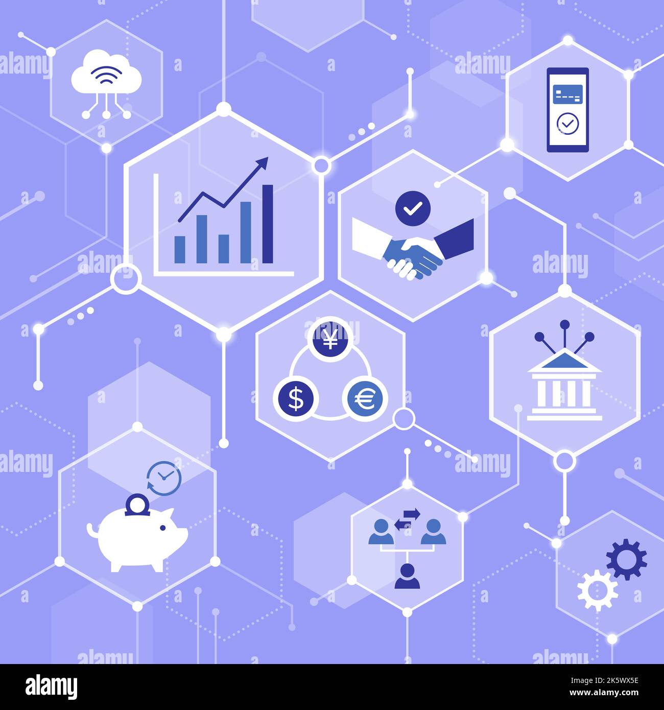 Finanza digitale, online banking e business innovativo, sfondo astratto con icone in una rete Illustrazione Vettoriale