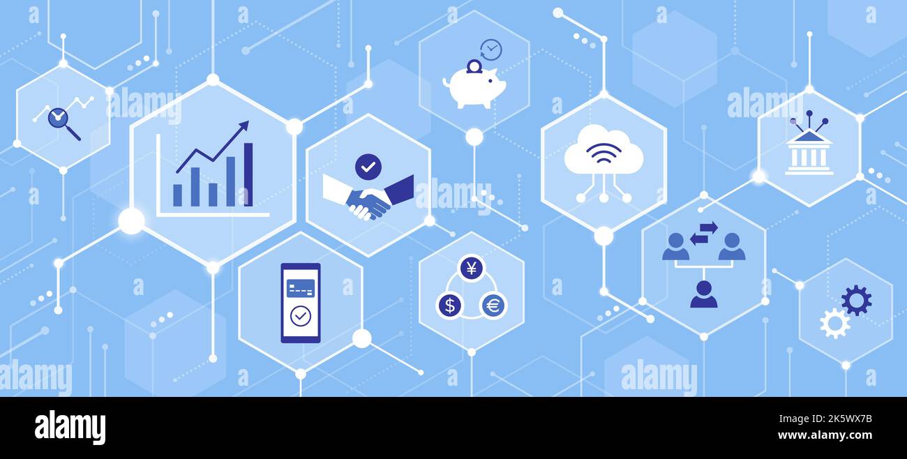 Finanza digitale, online banking e business innovativo, sfondo astratto con icone in una rete Illustrazione Vettoriale