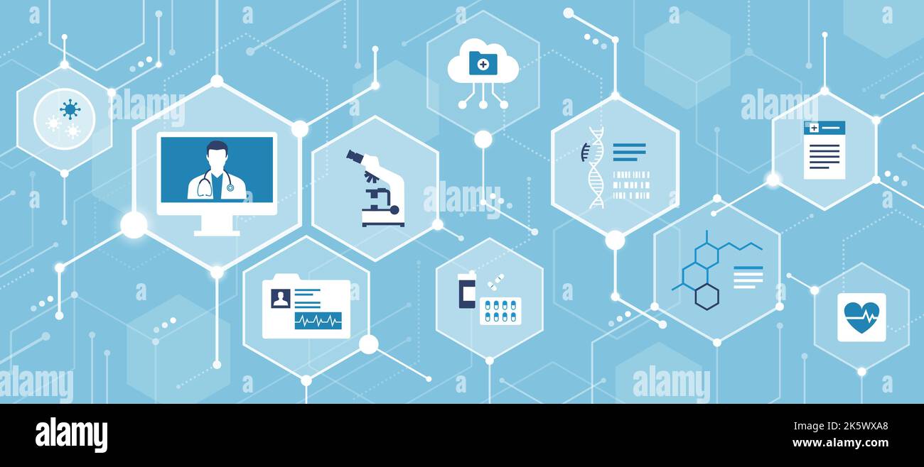 Salute digitale, medico online e servizi medici innovativi, background concettuale astratto con icone in una rete Illustrazione Vettoriale