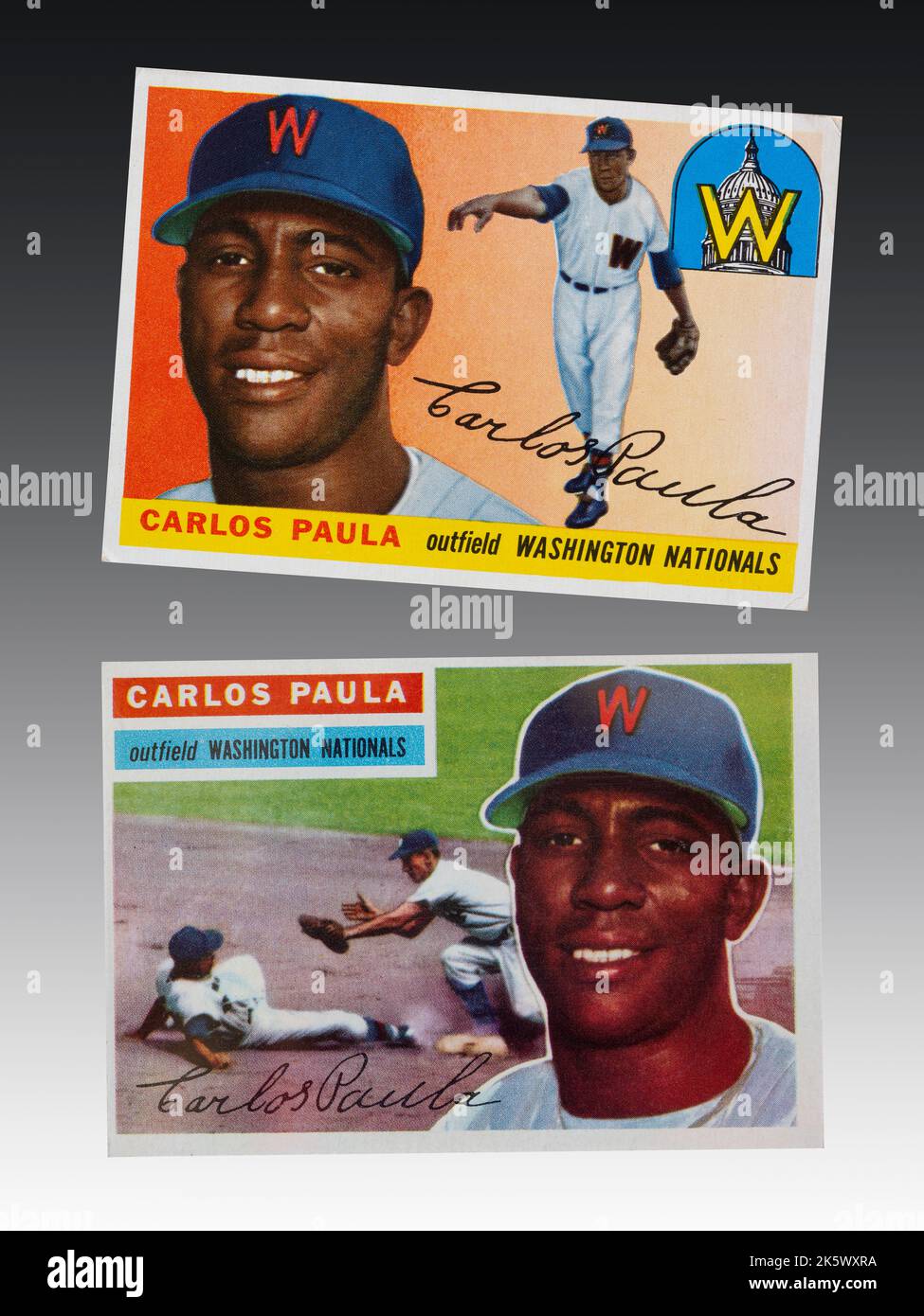 1955 e 1956 Washington Nationals carte da baseball del fuorfielder Carlos Paula - il 6 settembre 1954 Carlos Paula Conill divenne il primo giocatore nero Foto Stock