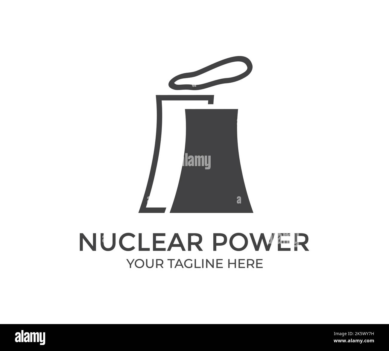 Progettazione del logo della centrale nucleare. Energia nucleare, centrale nucleare, concetto di fonte energetica sostenibile. Torri di raffreddamento di un vettore di centrale elettrica. Illustrazione Vettoriale