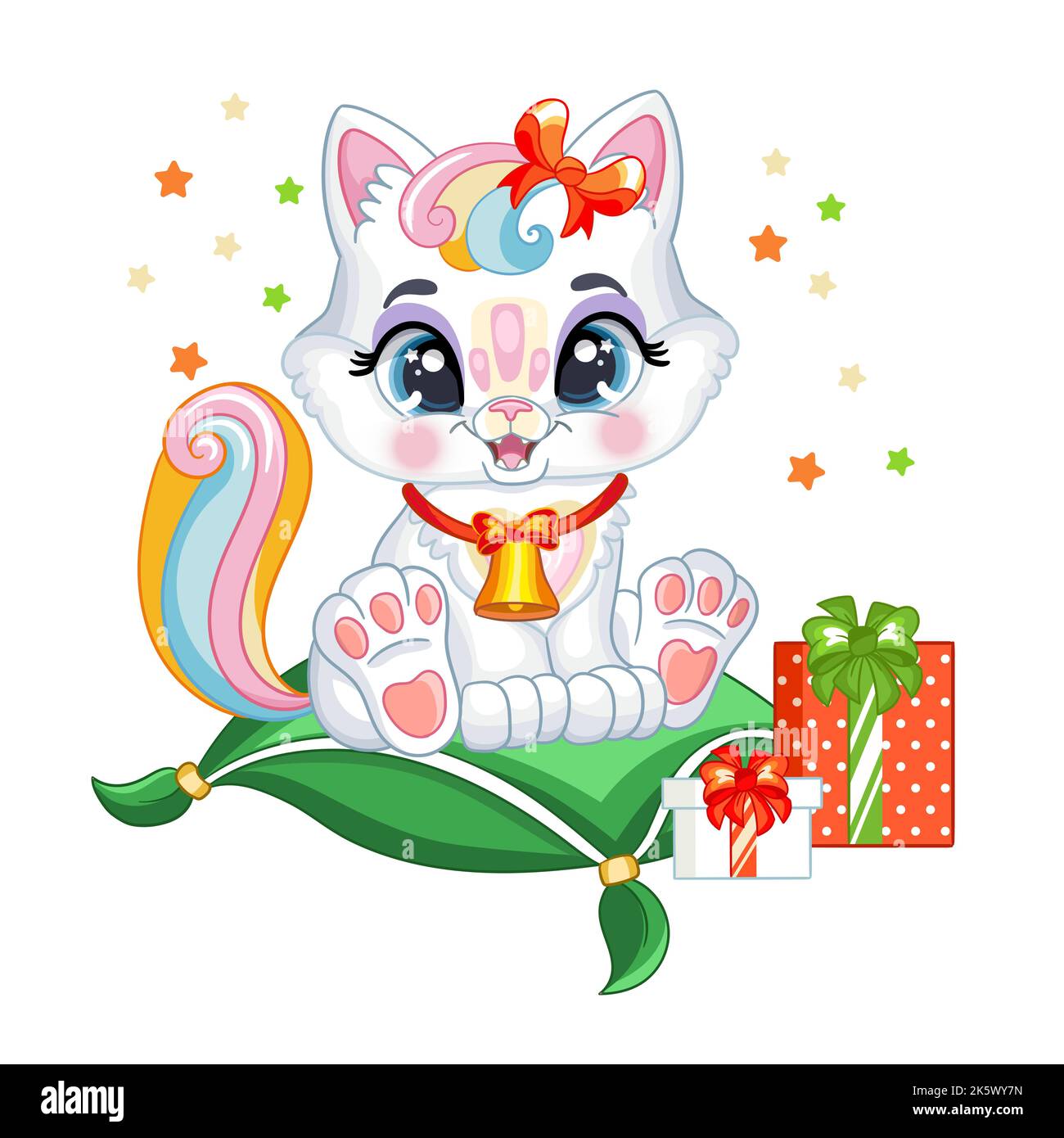 Cute bianco gattino magico su un cuscino con regali di natale. Personaggio dei cartoni animati. Illustrazione con isolamento vettoriale. Per stampa, design, poster, biglietti, adesivi Illustrazione Vettoriale