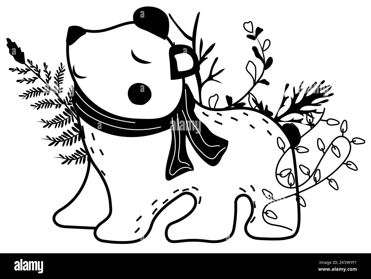 Inverno magico, bianco e nero un grazioso orso polare in una sciarpa, foglie d'inverno, ghirland. Animale scandinavo. Perfetto per biglietti d'auguri, poster, volantini, striscioni. Vettore Illustrazione Vettoriale