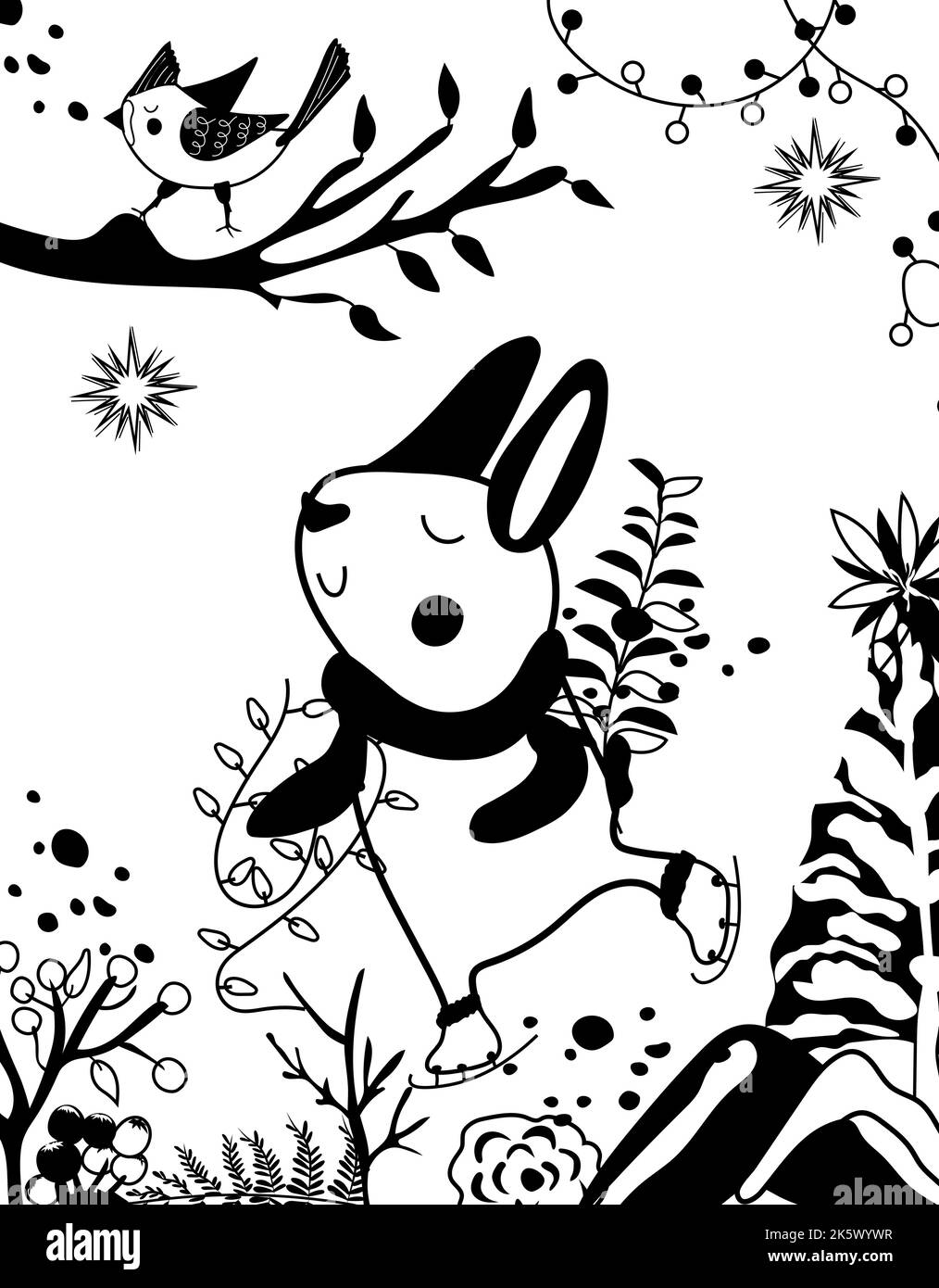 Bianco e nero coniglio carino in una sciarpa su pattini con bacca d'inverno, foglie, albero di Natale, stelle. Animale divertente Woodland. Composizione perfetta per biglietti d'auguri, poster, cartoline, striscioni. Vettore. Illustrazione Vettoriale