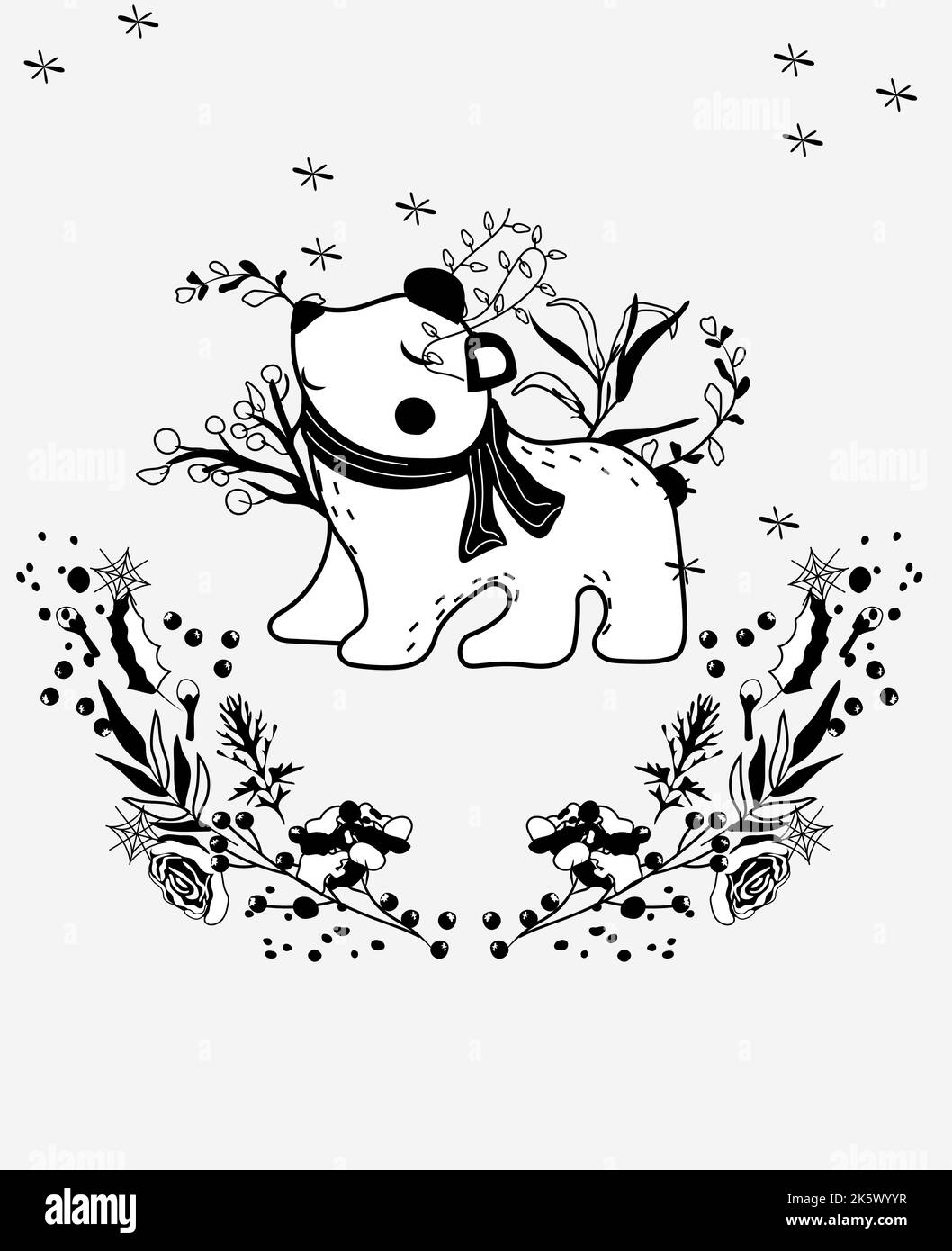 Inverno magico, bianco e nero un grazioso orso polare in una sciarpa, corona d'inverno, foglie, ghirlanda. Animale scandinavo. Perfetto per biglietti d'auguri, poster, volantini, striscioni. Vettore Illustrazione Vettoriale