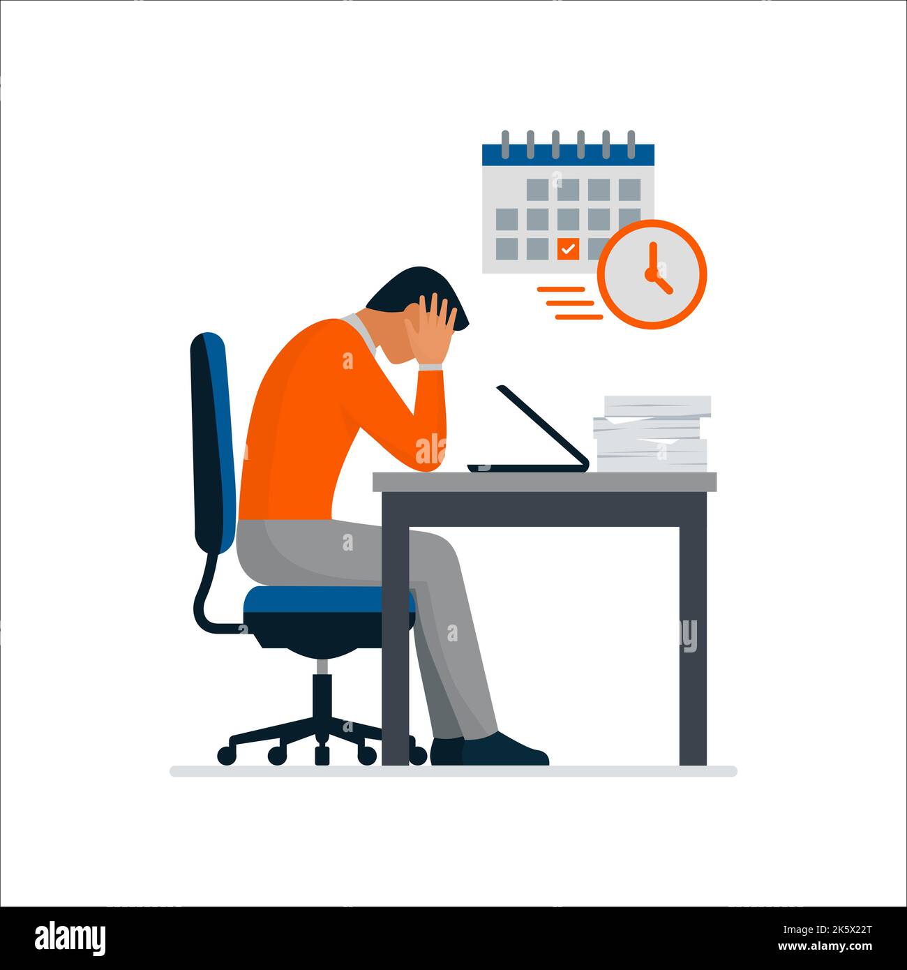 Uomo d'affari seduto alla scrivania con testa in mano e calendario con scadenze, sta mostrando segni di crisi e burnout, isolato su sfondo bianco Illustrazione Vettoriale