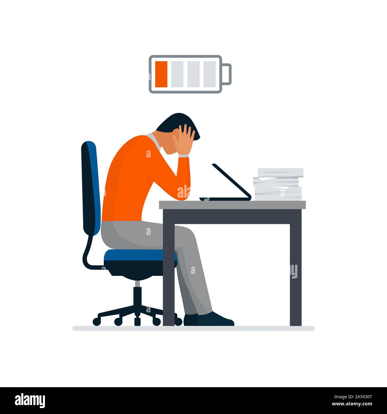 Uomo d'affari seduto alla scrivania con la testa in mano e batteria a bassa carica, sta mostrando segni di crisi e burnout, isolato su sfondo bianco Illustrazione Vettoriale