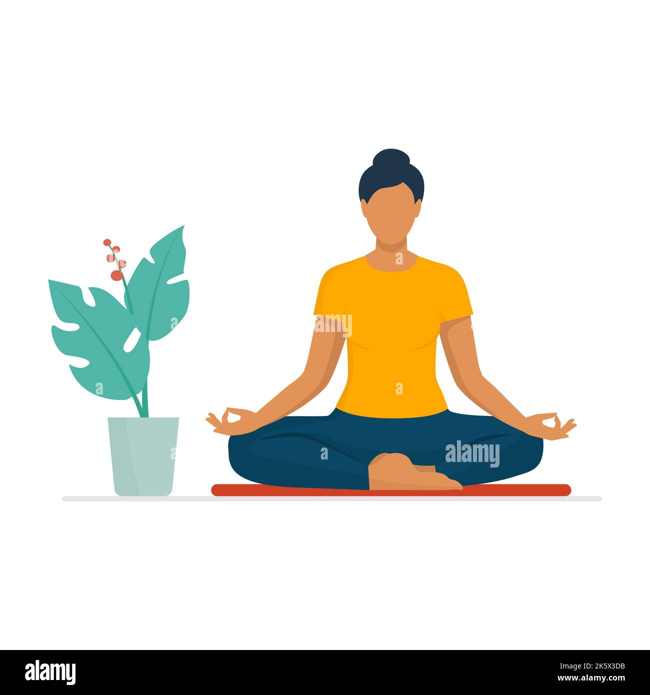 Donna rilassata seduta in posizione loto e pratica meditazione Illustrazione Vettoriale