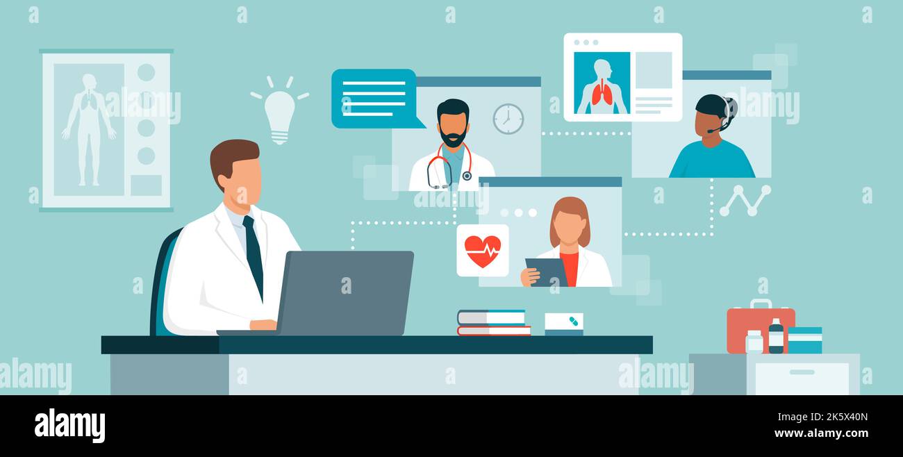 Medico seduto alla scrivania e lavorando con un computer portatile, sta effettuando una chiamata in conferenza con altri operatori sanitari online e sta accedendo a m elettronico Illustrazione Vettoriale