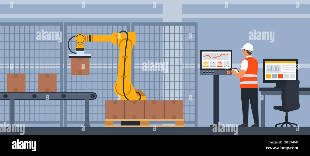 Industria intelligente: Ingegnere che monitora e controlla un braccio robotico utilizzando un dispositivo touch screen, HMI e concetto di automazione Illustrazione Vettoriale