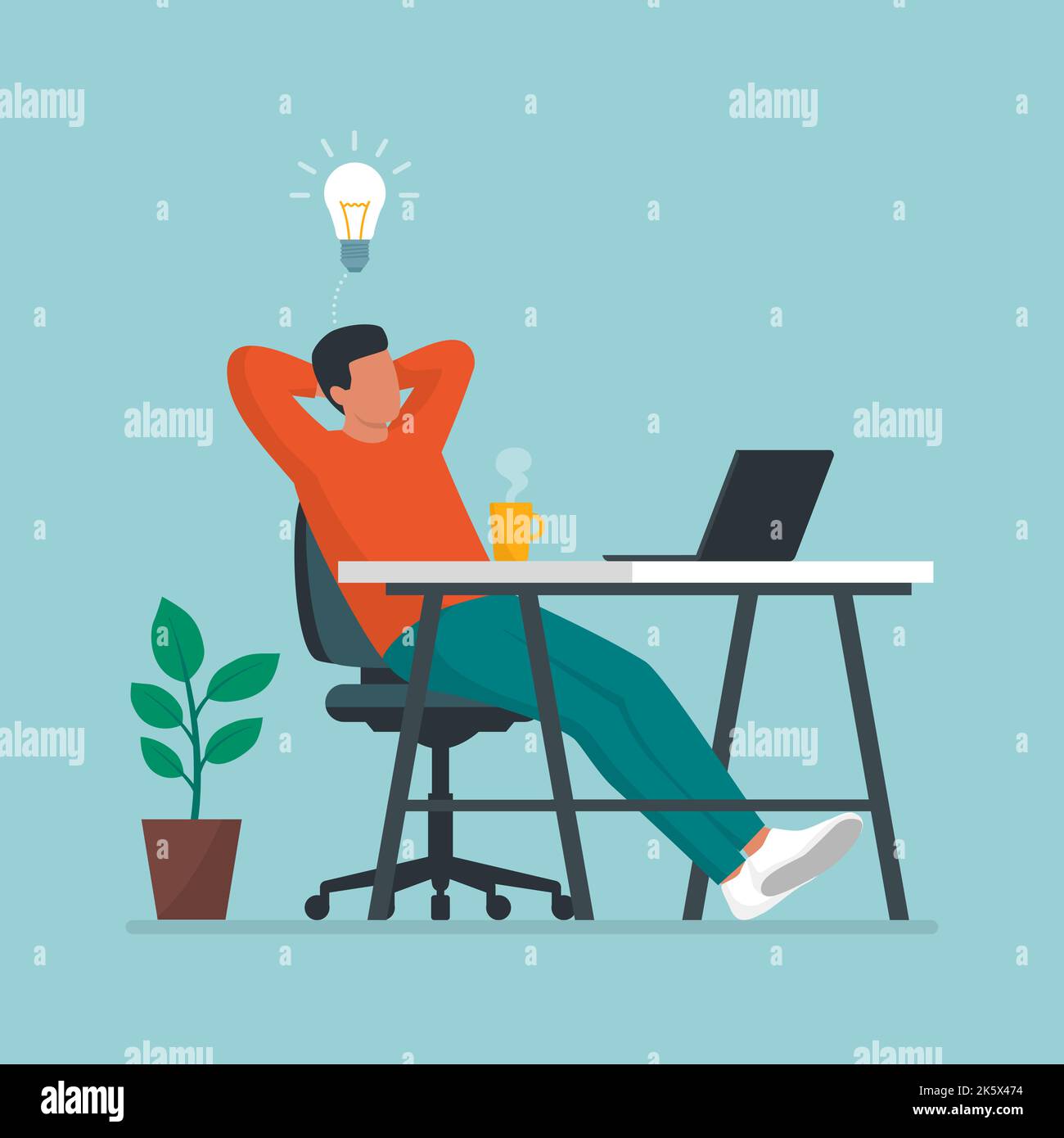 Uomo creativo seduto alla scrivania e facendo una pausa, si rilassa con le mani dietro la testa e ha una buona idea Illustrazione Vettoriale