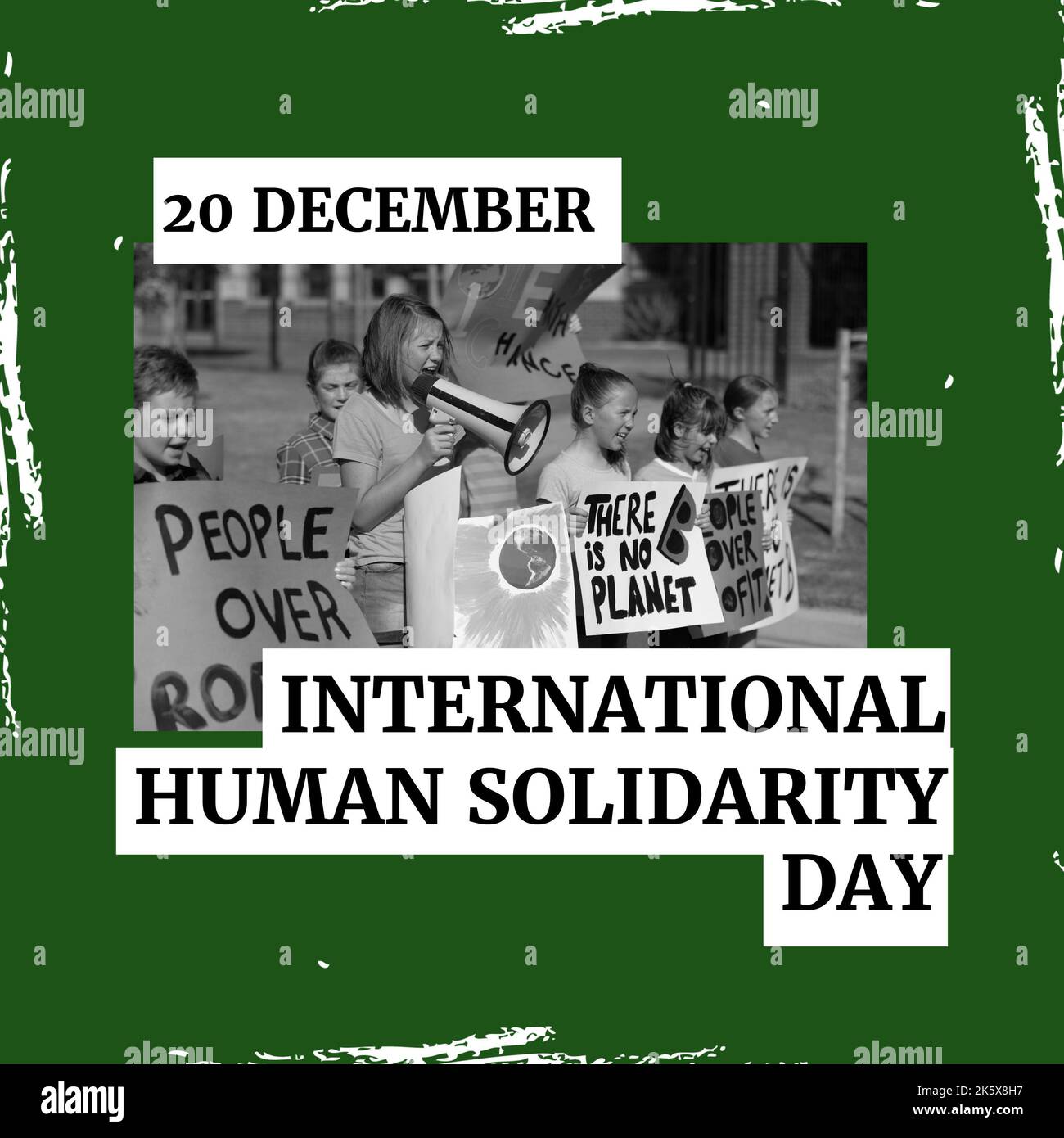 Composto di bambini che protestano e il 20 dicembre con il testo della giornata internazionale della solidarietà umana Foto Stock