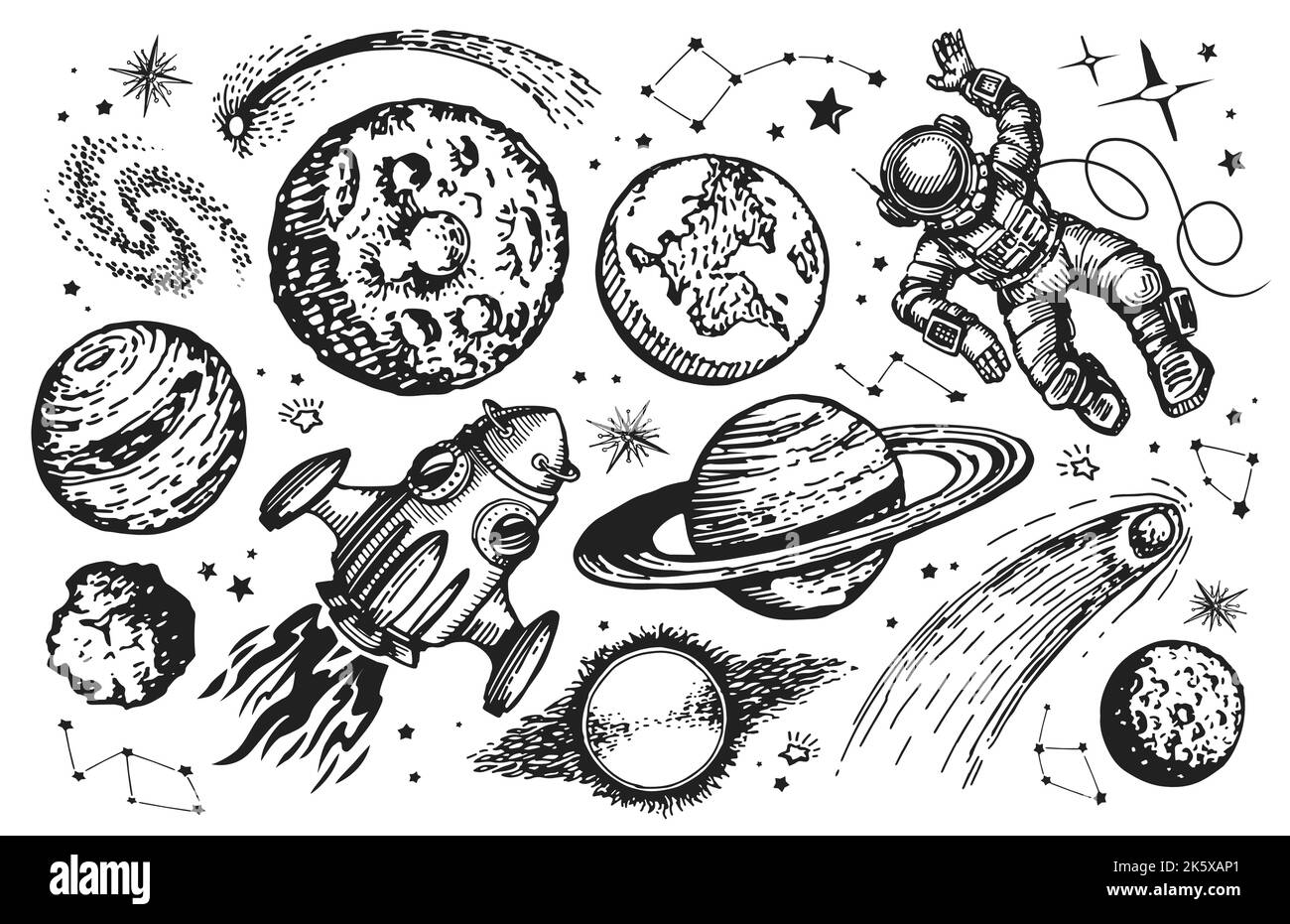 Concetto di viaggio nello spazio. Set di disegno Galaxy. Astronauta, pianeti e stelle abbozzano un'illustrazione vettoriale vintage Illustrazione Vettoriale