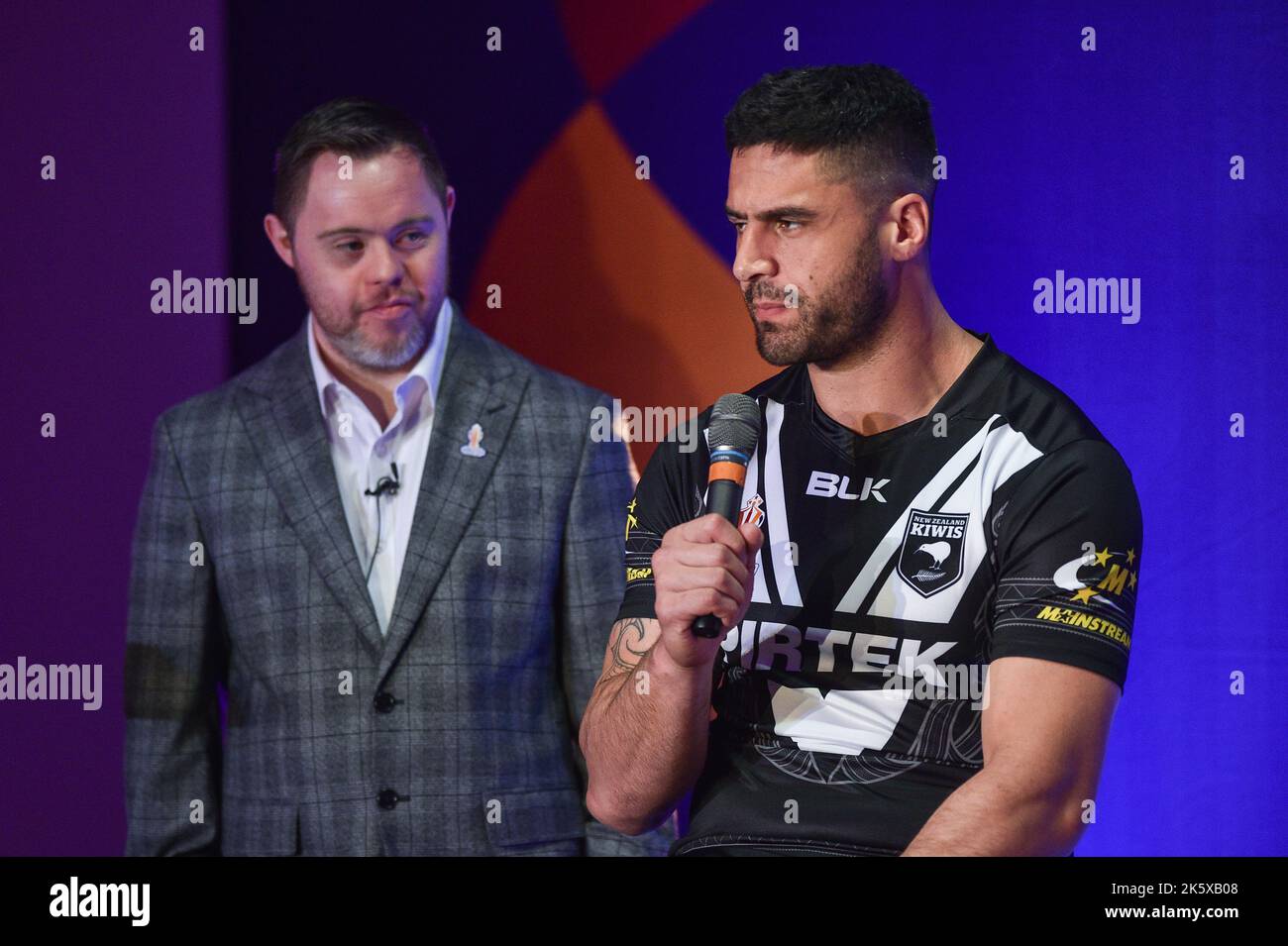 Manchester, Inghilterra - 10th ottobre 2022 - il capitano neozelandese Jesse Bromwich parla al lancio della Coppa del mondo di RLWC 2021 al Museo della Scienza di Manchester, Regno Unito Foto Stock