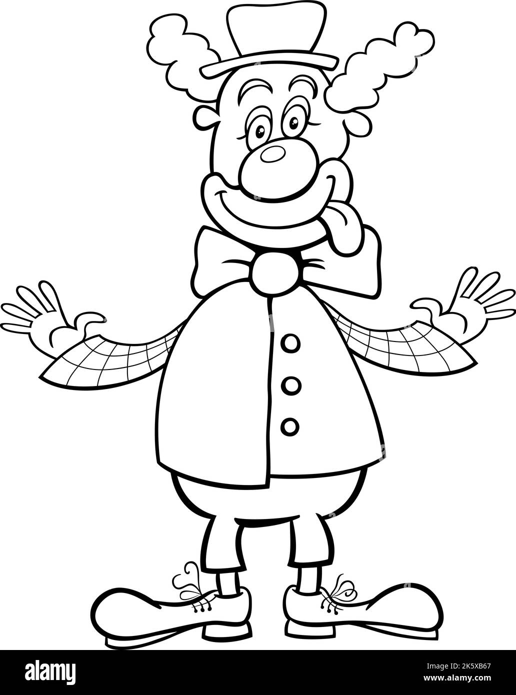 Cartoon in bianco e nero illustrazione di divertente clown performer comic personaggio colorazione pagina Illustrazione Vettoriale