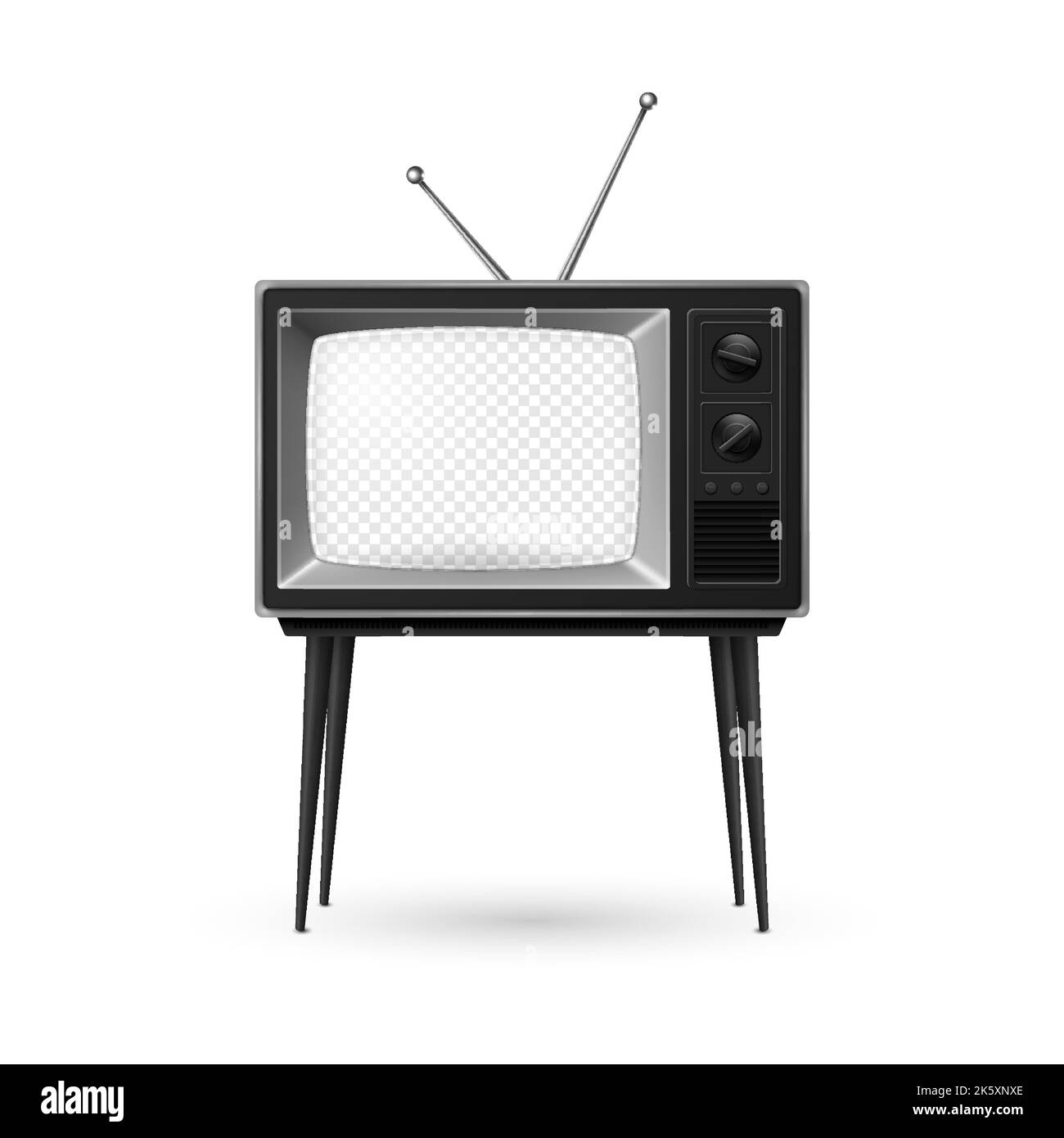 Ricevitore TV retro realistico Vector 3D con schermo trasparente e antenna isolata su sfondo bianco. Concetto di disegno interno domestico. Set TV vintage Illustrazione Vettoriale