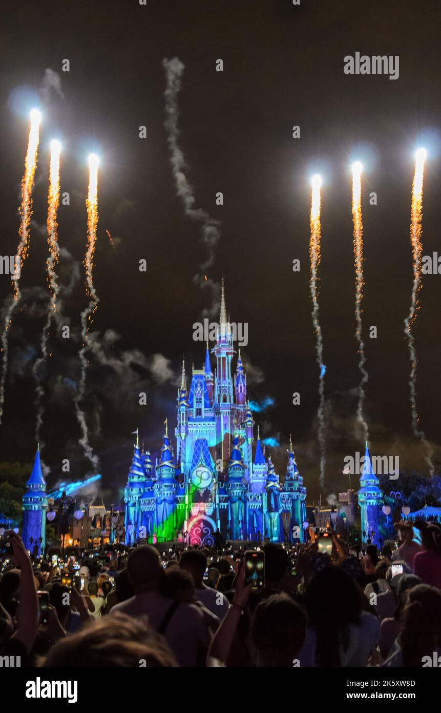 Spettacolo notturno di fuochi d'artificio di fronte al Castello Disney al Magic Kingdom in Disney World, Orlando, Florida Foto Stock