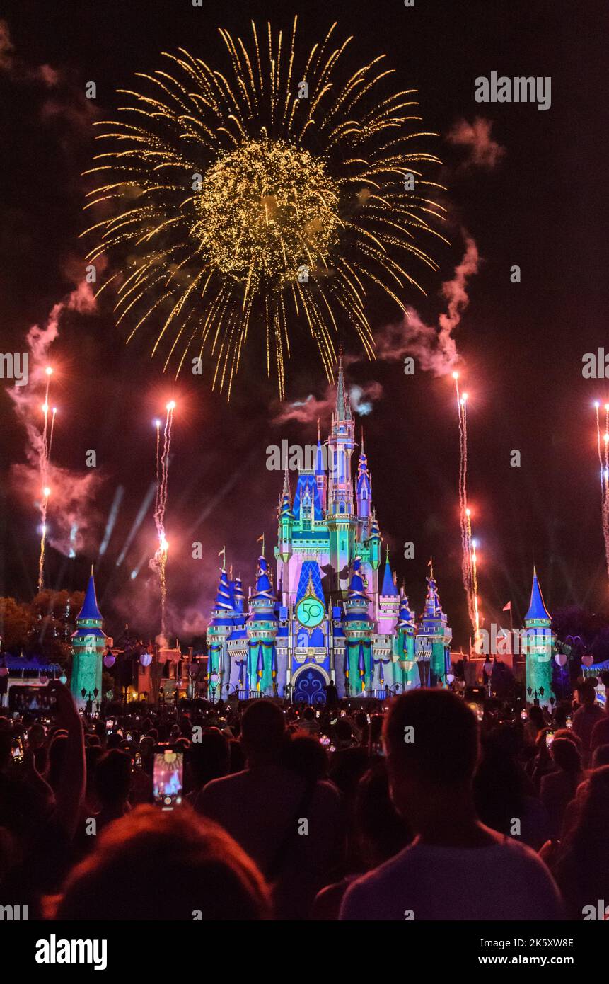 Spettacolo notturno di fuochi d'artificio di fronte al Castello Disney al Magic Kingdom in Disney World, Orlando, Florida Foto Stock