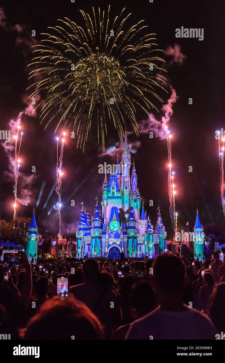 Spettacolo notturno di fuochi d'artificio di fronte al Castello Disney al Magic Kingdom in Disney World, Orlando, Florida Foto Stock