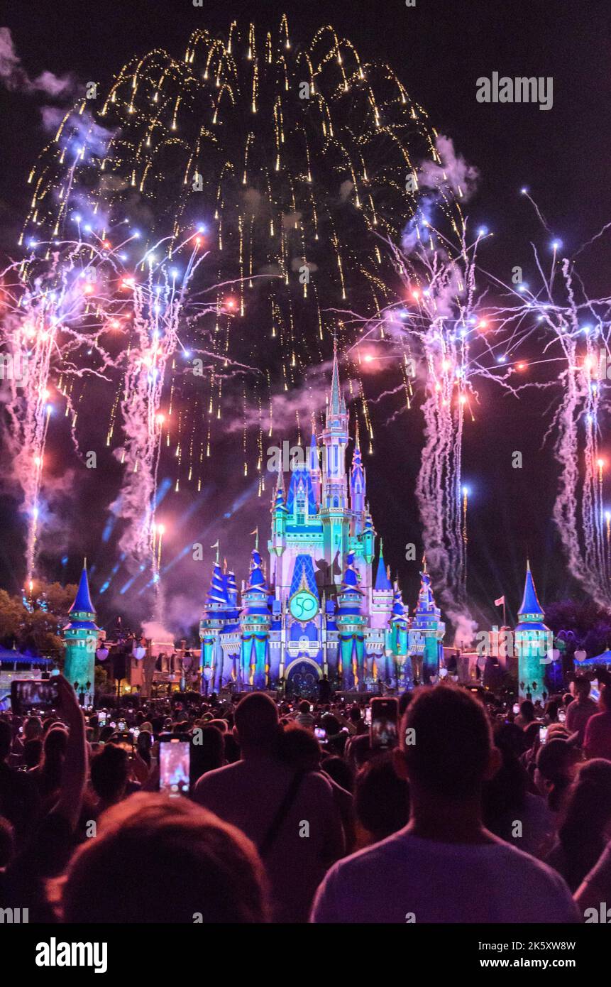 Spettacolo notturno di fuochi d'artificio di fronte al Castello Disney al Magic Kingdom in Disney World, Orlando, Florida Foto Stock