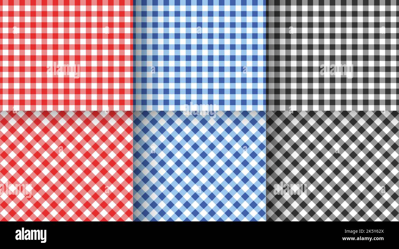 Set di motivi senza cuciture Gingham. Rosso, blu, nero e bianco a scacchi vichy textures per Pasqua o Natale picnic coperta, tovaglia, plaid. Sfondi geometrici del tessuto. Illustrazione piatta vettoriale Illustrazione Vettoriale