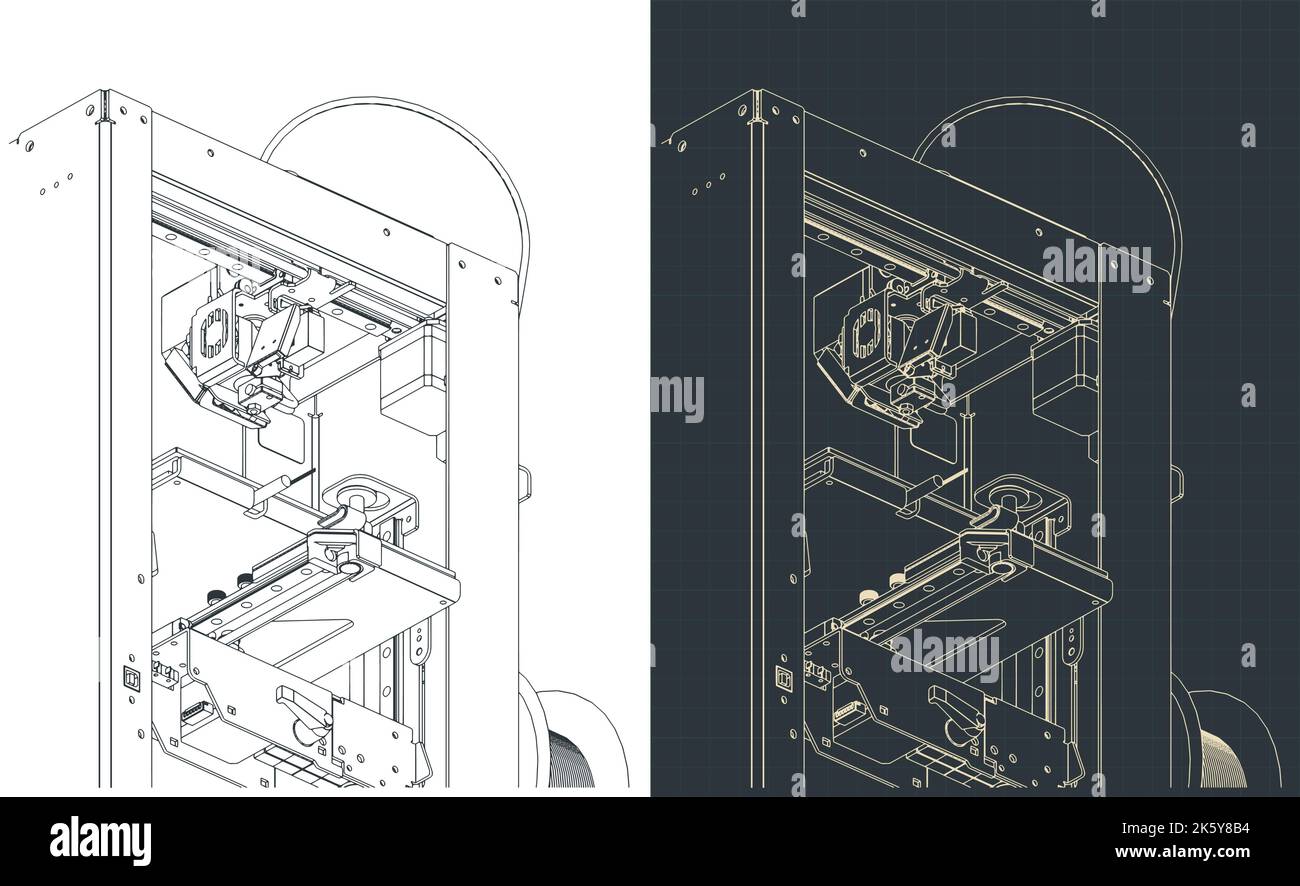 Illustrazioni vettoriali stilizzate di progetti della stampante 3D Illustrazione Vettoriale