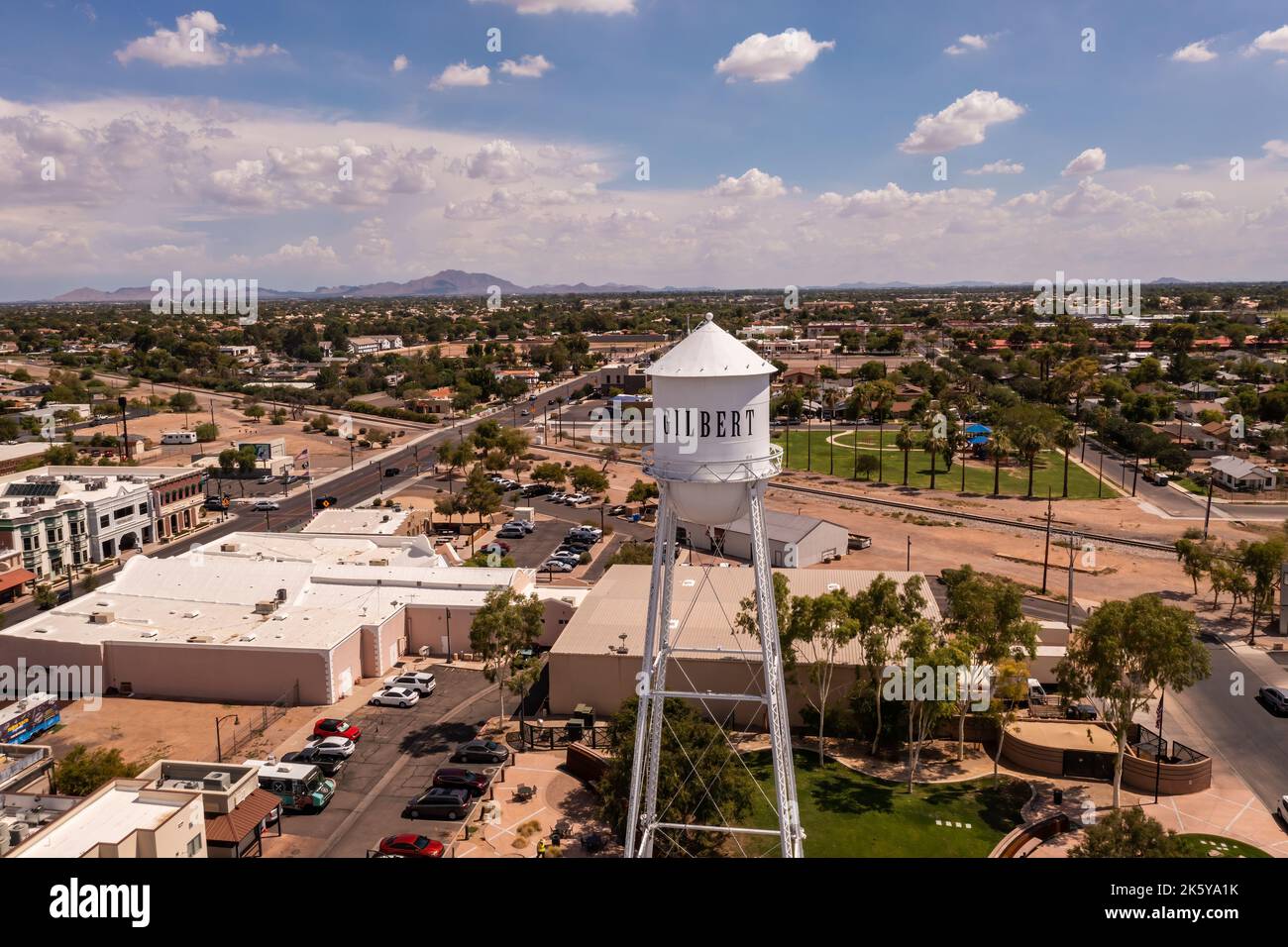 Metal Water Tower a Gilbert, Arizona, un punto di riferimento locale. Foto Stock