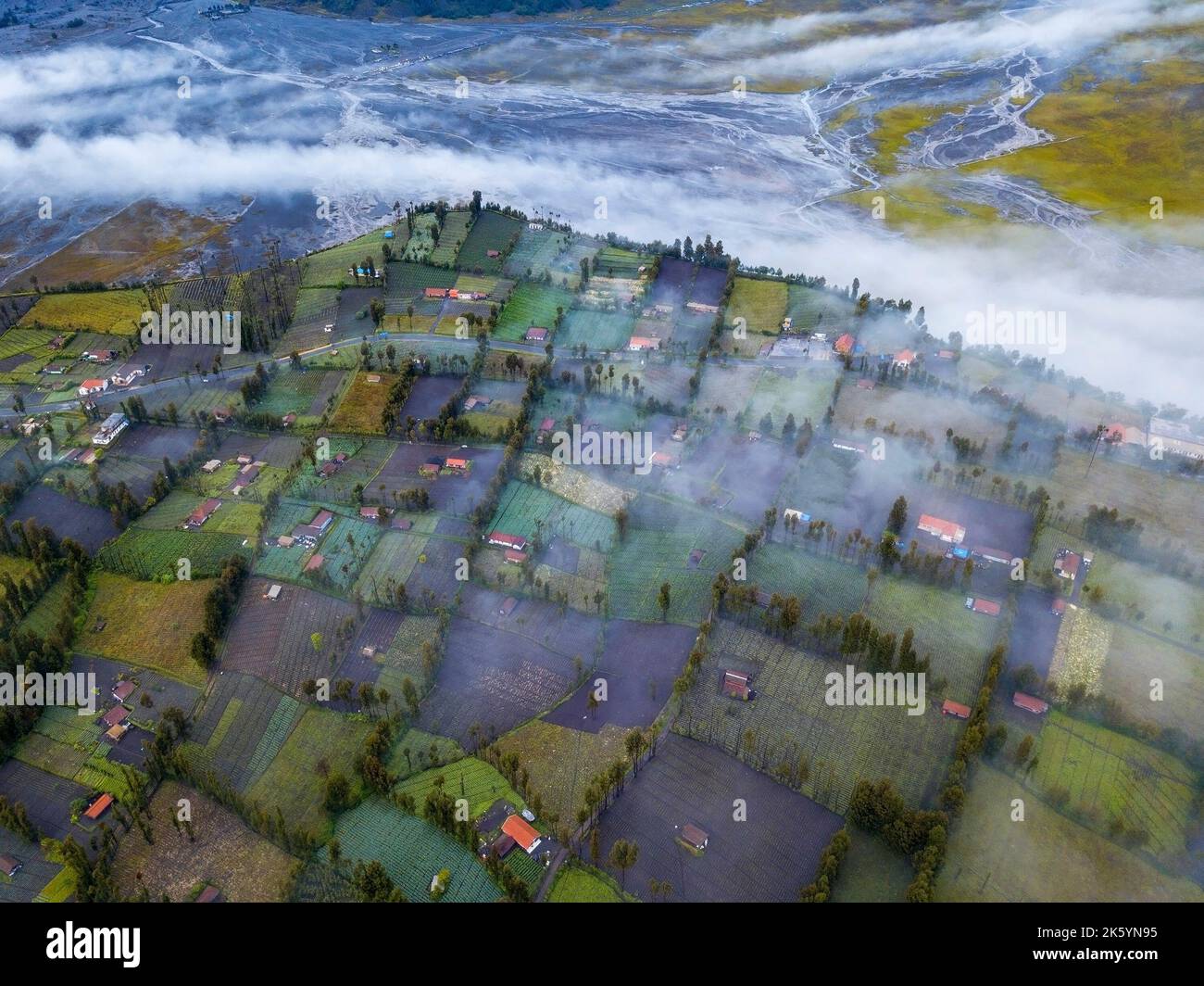 Vista aerea del villaggio di cemoro lawang al parco nazionale bromo tengger semeru con una suggestiva nuvola ondulata dopo l'alba Foto Stock