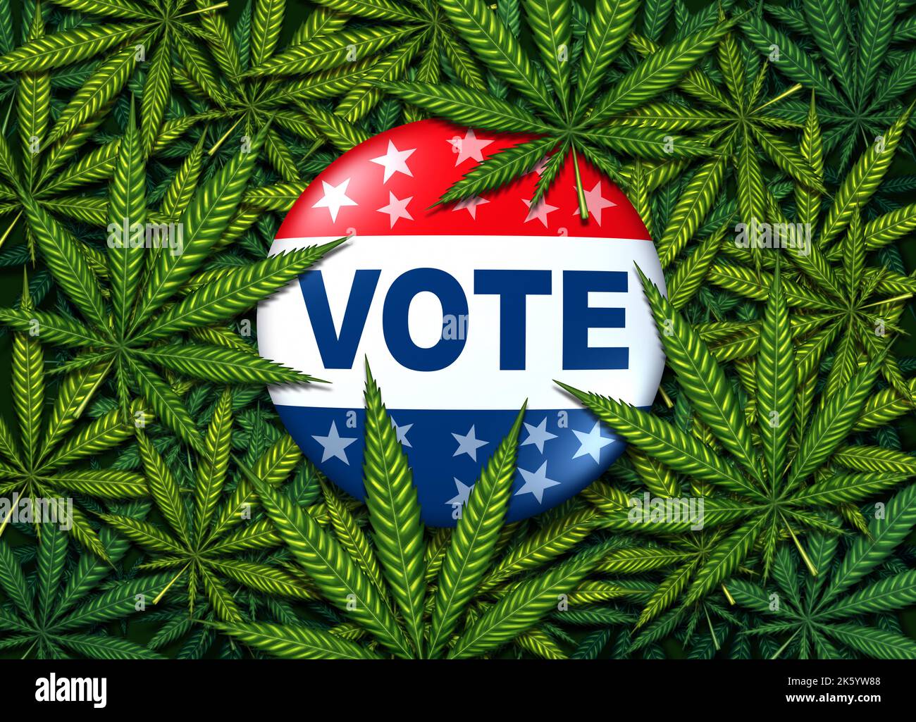 Voto sulla marijuana e leggi sulla legalizzazione della cannabis o sulla de-criminalizzazione delle erbacce con segno di voto sulle foglie che rappresentano l'ingrediente psicoattivo del medicinale. Foto Stock