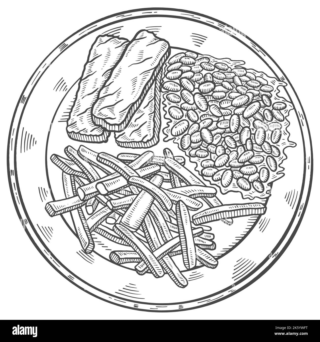 fish finger and beans cucina inglese o inglese cibo isolato doodle disegno disegnato a mano con contorno stile vettore illustrazione Foto Stock