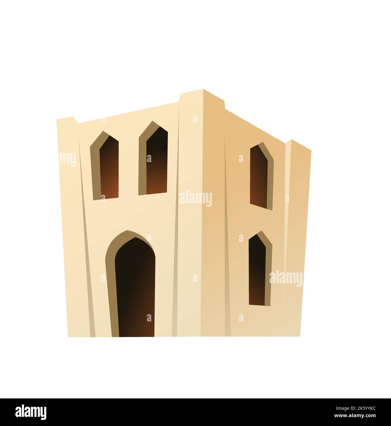 Rifugio arabo in argilla. Medio Oriente adobe abitazione. Africa e Asia casa tradizionale. Isolato su sfondo bianco Vector. Illustrazione Vettoriale