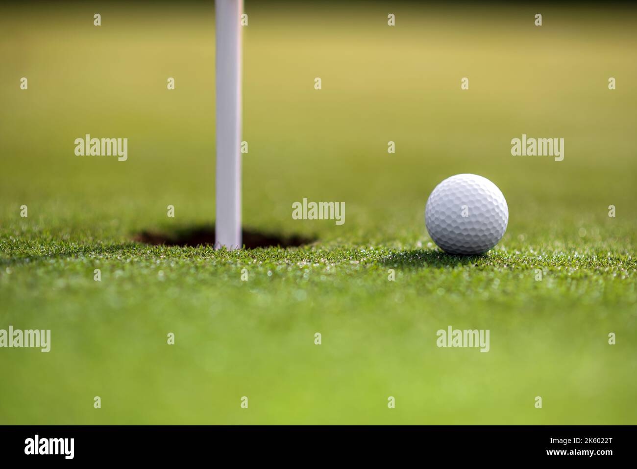 Palla bianca da flagpole in buca nel campo da golf verde nelle giornate di sole Foto Stock