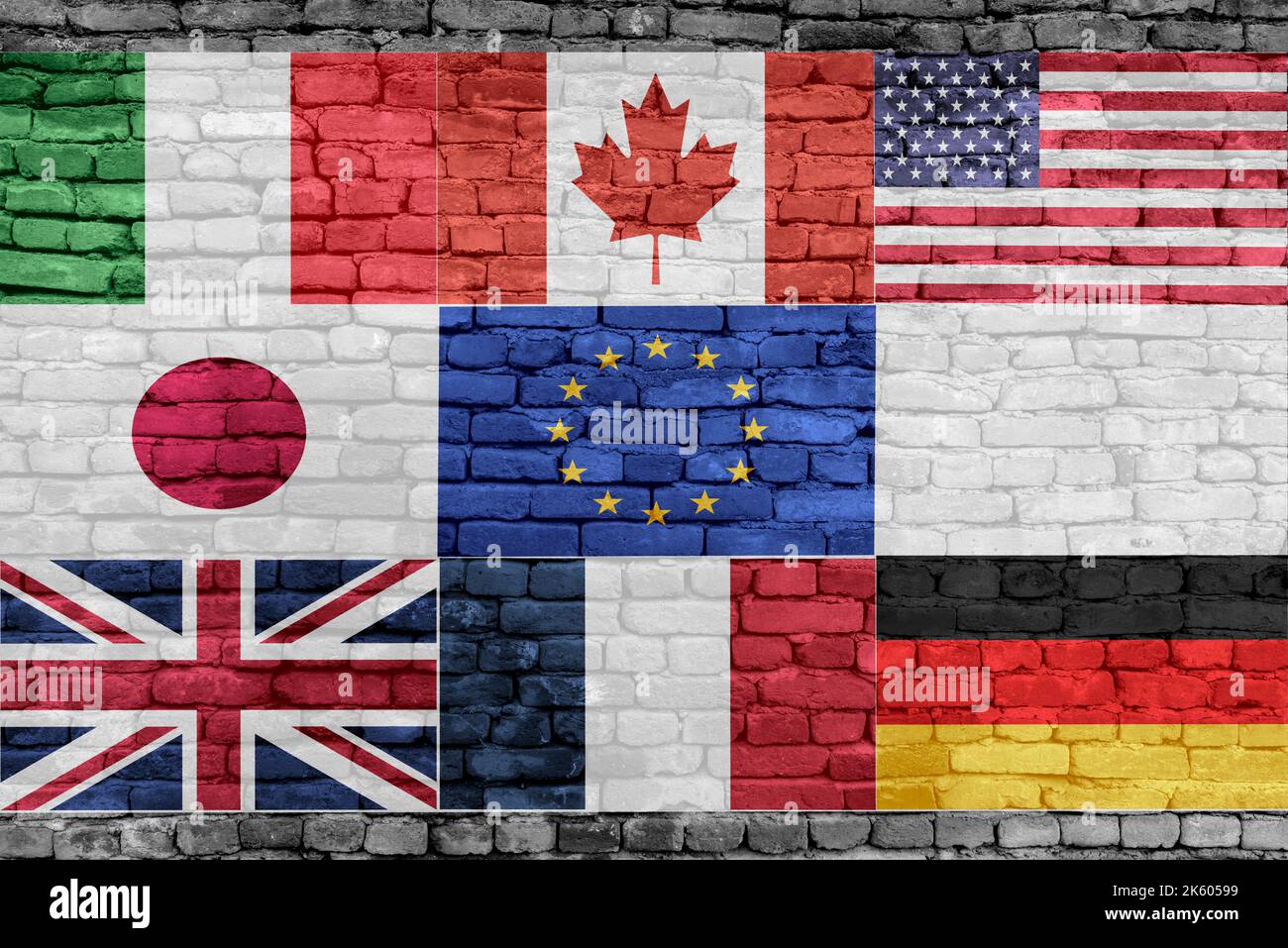 G7 concetto di vertice o riunione. Fila dalle bandiere dei membri di G7 gruppo di sette ed elenco dei paesi, Foto Stock